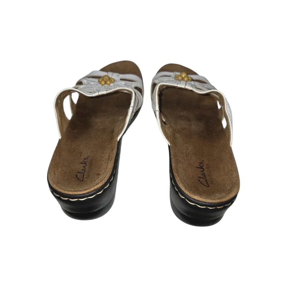 Clarks Lexi Myrtle White Leather Floral Slide Wedge Sandals 65117 Womens 10M